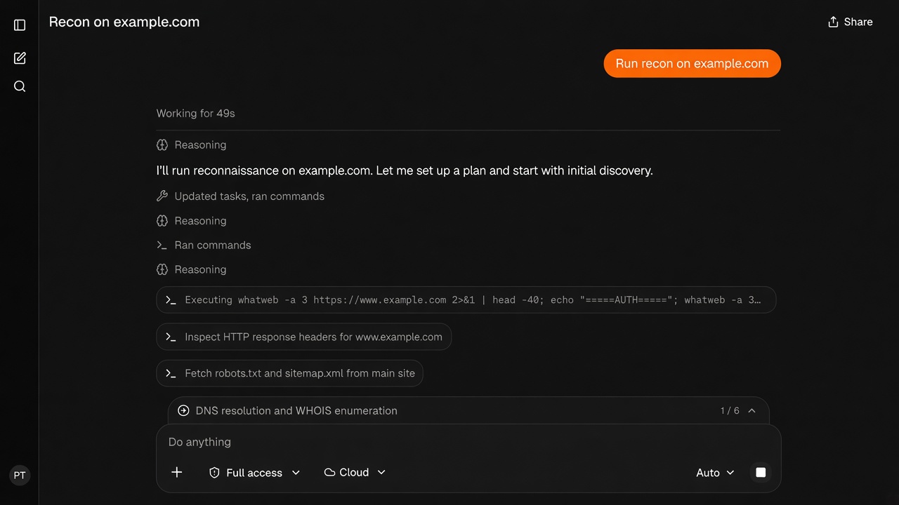 PenThreatAI Agent mode running recon: a to-do plan, reasoning, and commands executing in the task